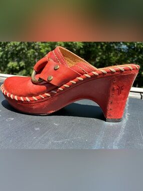 Frye Charlotte Red Suede Braided-Trim Clog Heels